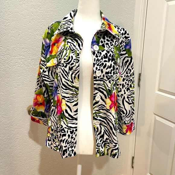 Erin London Button Front Jungle Motif Jacket Size Large - Picture 1 of 8
